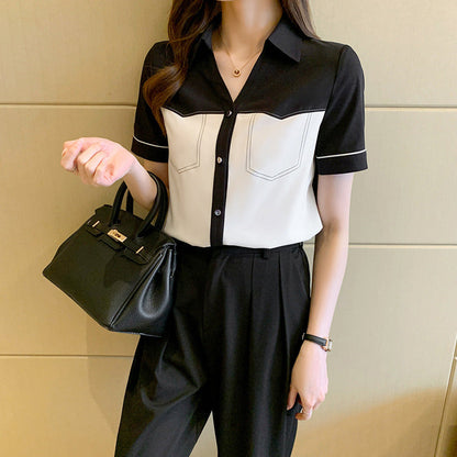 Damen Bluse Kurzarm Kontrasttaschen Modern