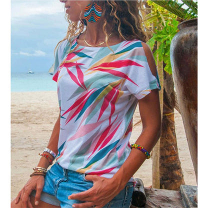 Damen T-Shirt Asymmetrisch Bunt Blattmotiv