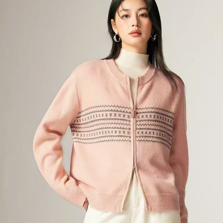 Damen Strickjacke Nordic-Muster Reißverschluss Norvielle