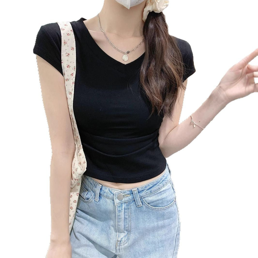 Damen Cropped T-Shirt V-Ausschnitt Figurbetont Weiß