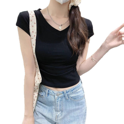 Damen Cropped T-Shirt V-Ausschnitt Figurbetont Weiß