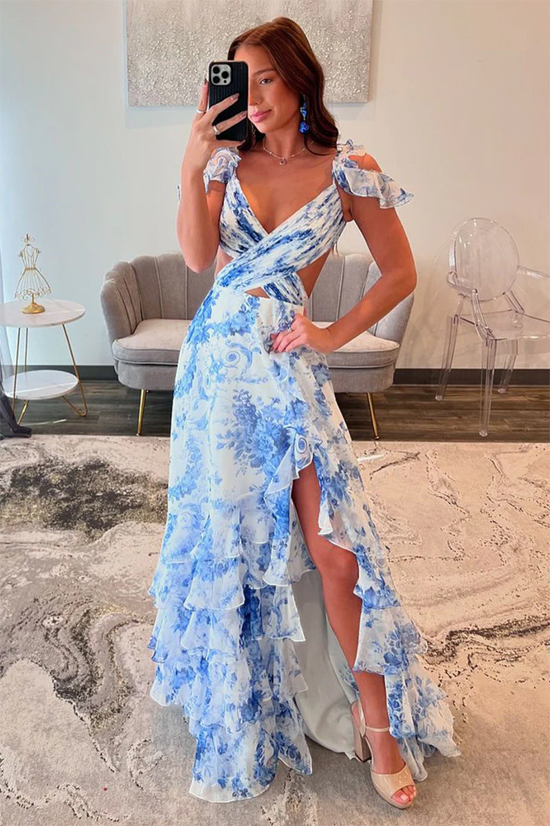 Damen Maxi-Kleid Voluminöse Rüschen Florales Design