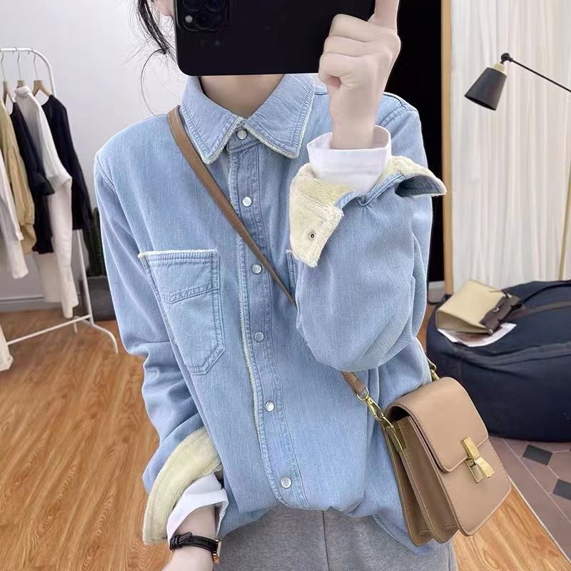 Damen Denim Bluse Kontrastkragen