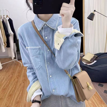 Damen Denim Bluse Kontrastkragen