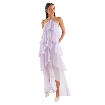 Damen Maxikleid Fließend Volants Halterneck