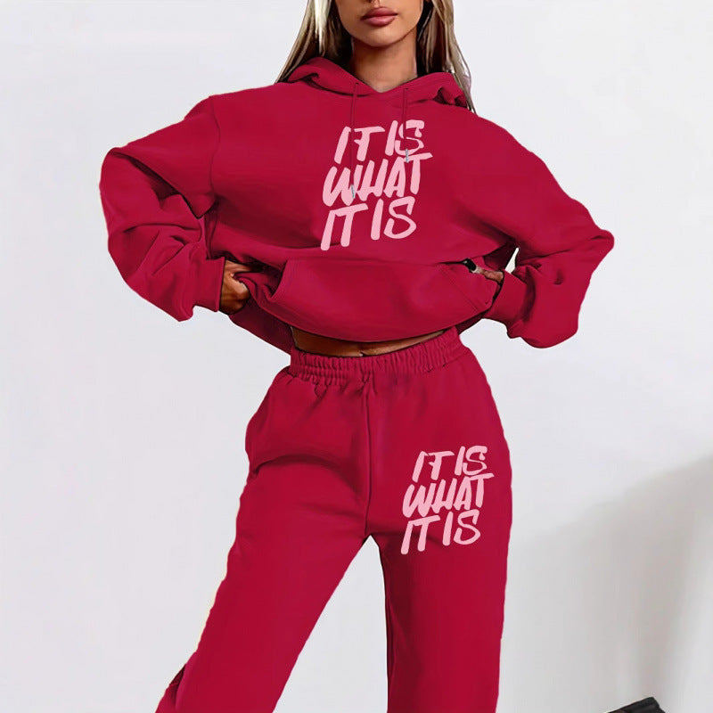 Damen Hoodie Jogginghose Set Baumwolle Mit Schriftzug Anthrazit