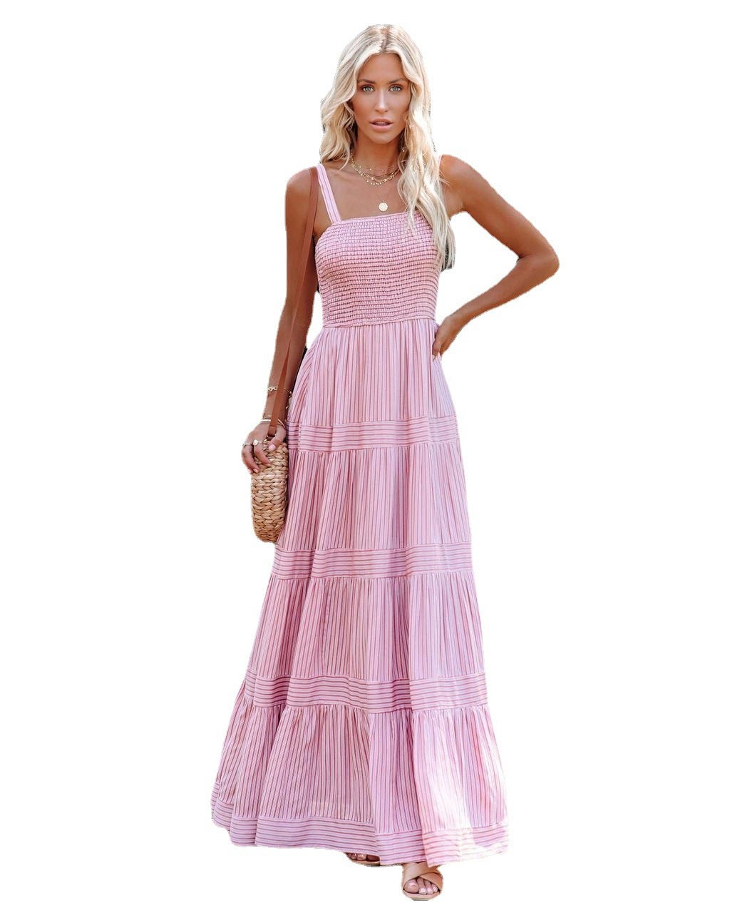 Damen Maxikleid Leicht Raffung Spaghettiträger Norvielle