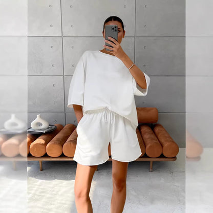 Damen Freizeitanzug-Set Baumwollmix Oversized T-Shirt und Shorts