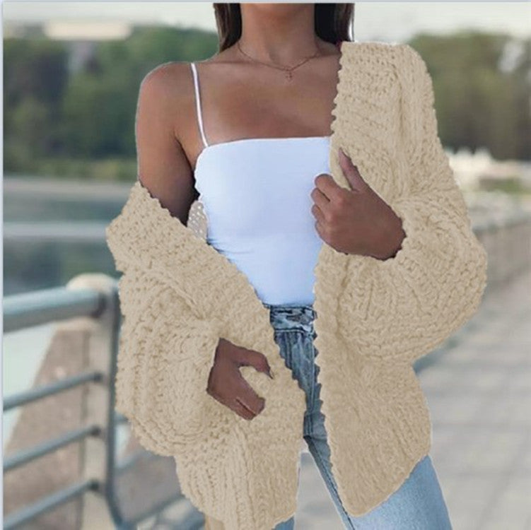Damen Oversized Cardigan Grobstrick Lässig Beige