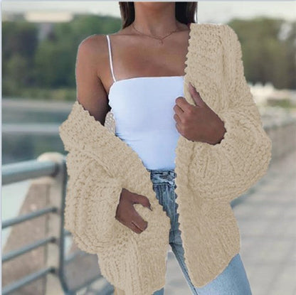 Damen Oversized Cardigan Grobstrick Lässig Beige