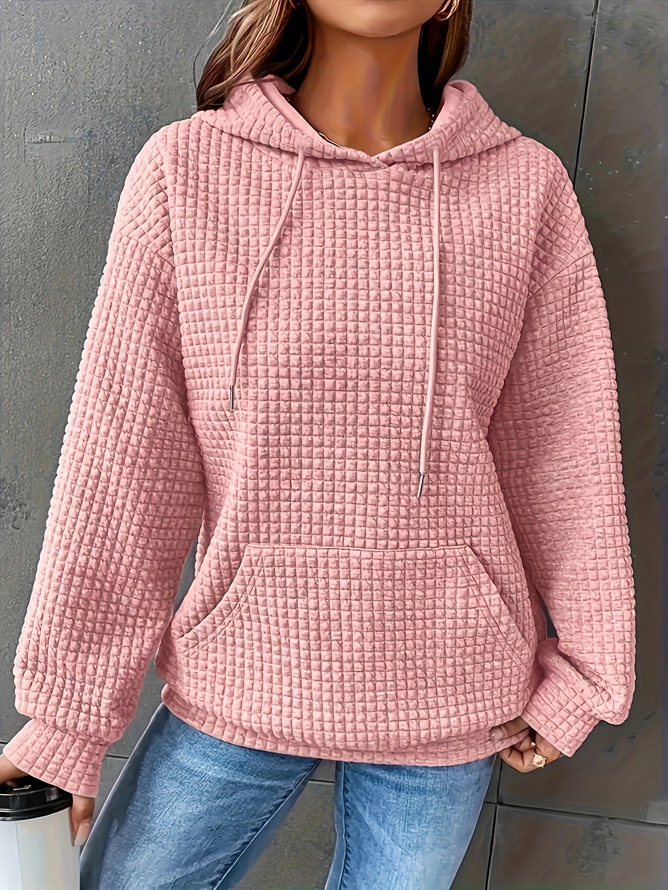 Damen Kapuzenpullover Strukturiertes Waffelmuster Mit Taschen