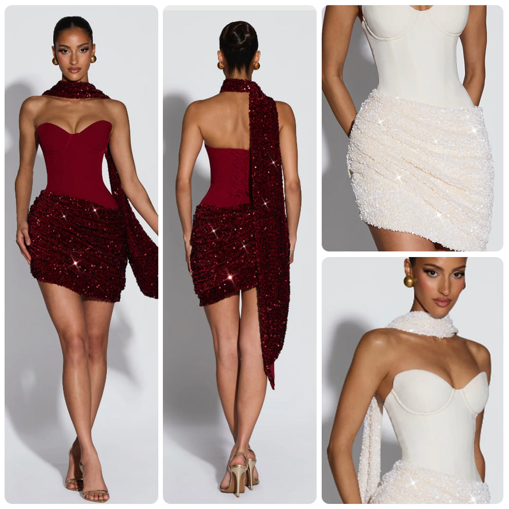 Damen Minikleid mit Bustier-Oberteil und Paillettenrock - Norvielle