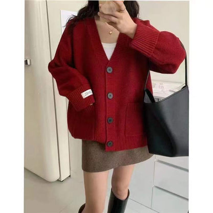Damen Oversized Cardigan Große Taschen Knöpfe Beige