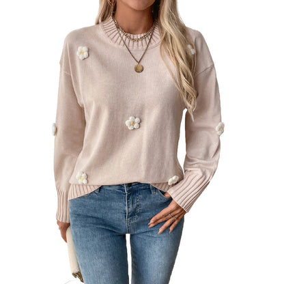 Damen Pullover Lässig Floralmuster Strukturiert Beige