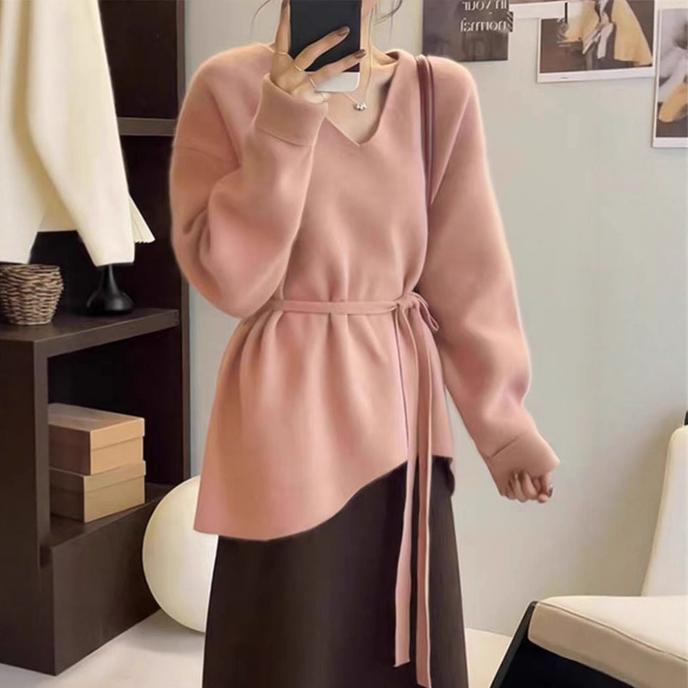 Damen Strickjacke V-Ausschnitt mit Taillengürtel Norvielle