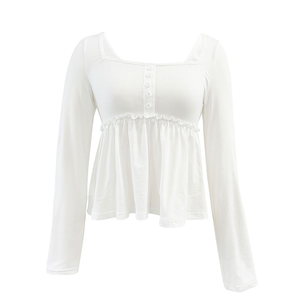 Damen Langarmshirt Quadratischer Ausschnitt Rüschensaum Norvielle