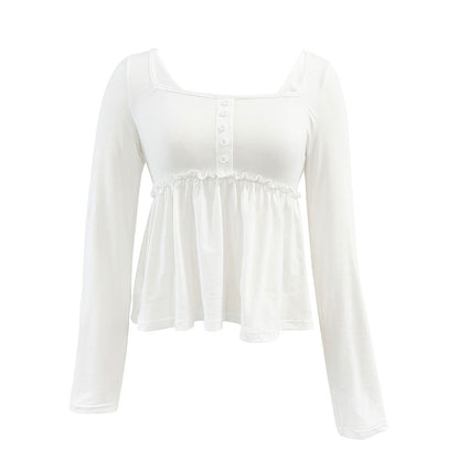 Damen Langarmshirt Quadratischer Ausschnitt Rüschensaum Norvielle