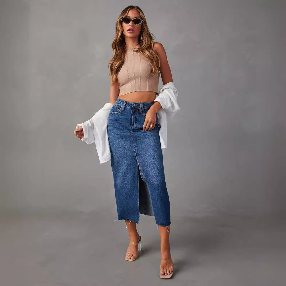 Damen Bleistiftkleid aus Jeans Mit Seitlichem Schlitz