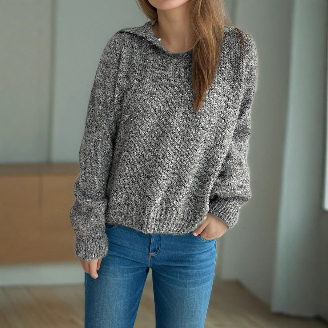 Damen Strickpullover V-Ausschnitt Voluminöse Ärmel Beige