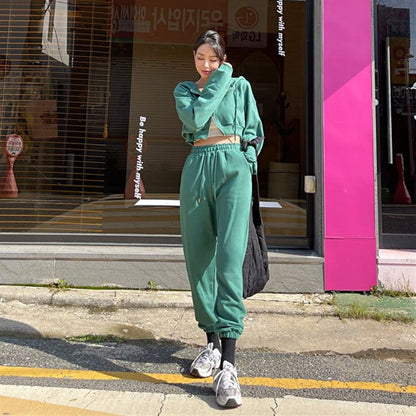 Damen Sportliches Zweiteiler-Set Cropped Kapuzenjacke Jogginghose