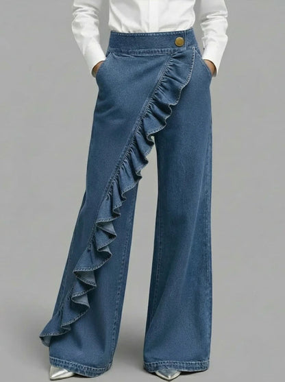 Damen Weite Jeanshose Rüschendetail
