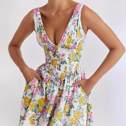 Damen Midikleid Floralmuster V-Ausschnitt Norvielle
