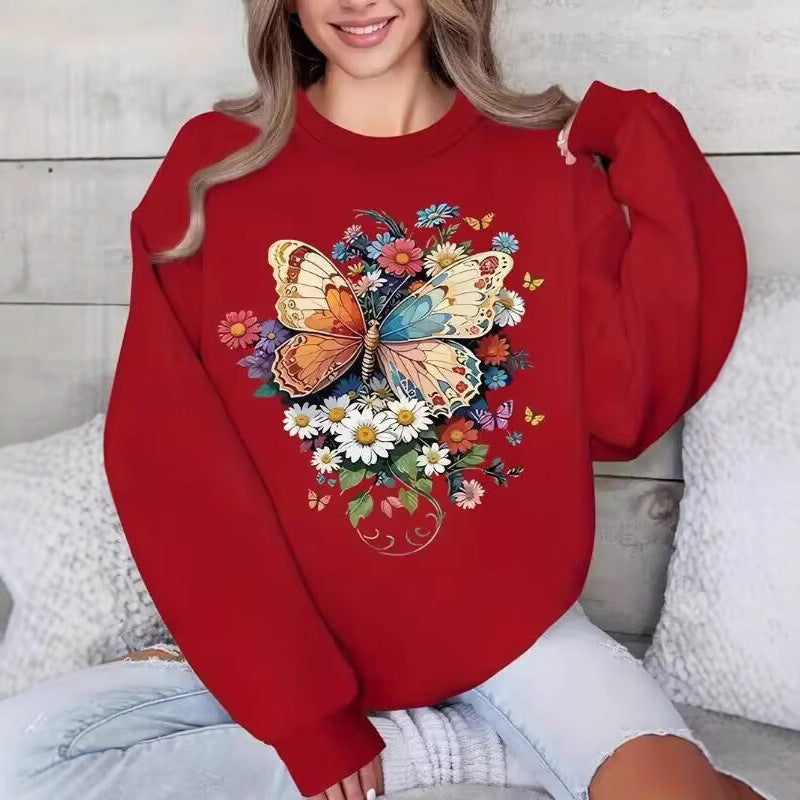 Damen Sweatshirt Langarm Floralmuster Schmetterling Norvielle