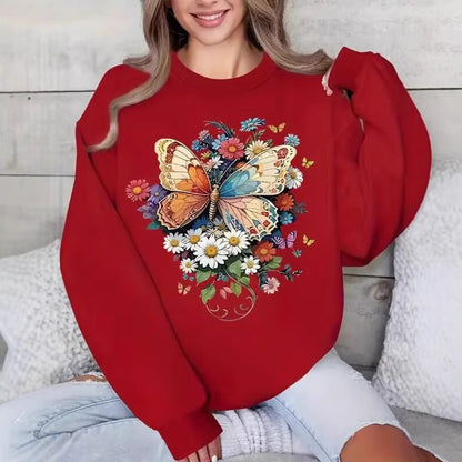 Damen Sweatshirt Langarm Floralmuster Schmetterling Norvielle