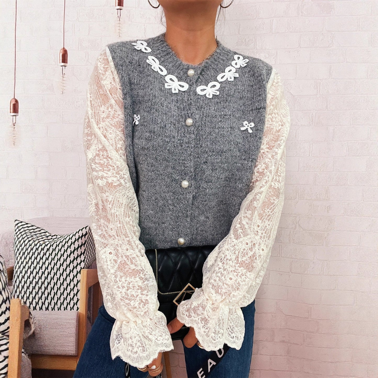 Damen Strickjacke Elegante Spitze Perlknöpfe Norvielle