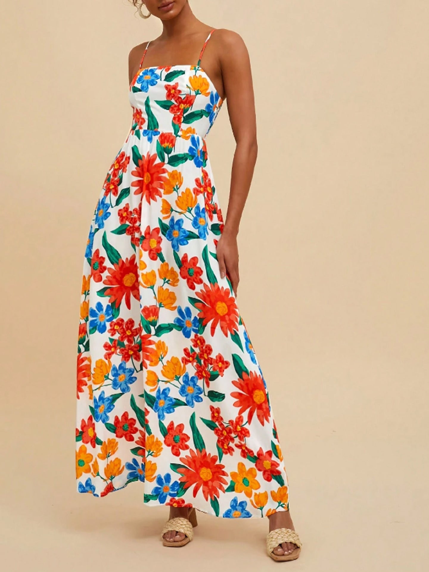 Damen Maxikleid Bunt Blumenmuster Verstellbare Träger