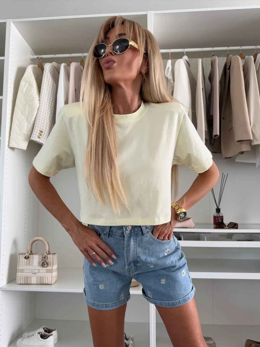 Damen Leopardenmuster T-Shirt Cropped Baumwolle -Weiß