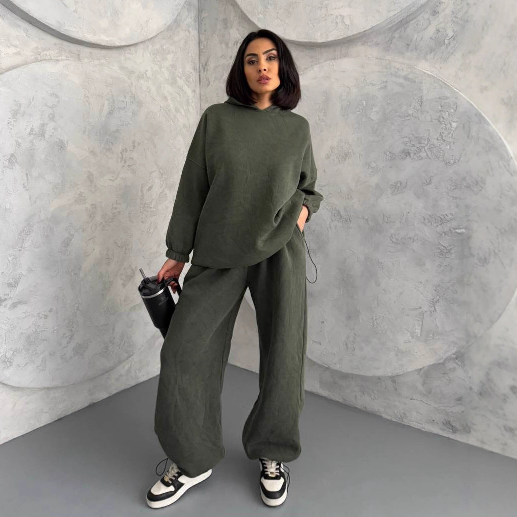 Damen Oversized Loungewear Set mit Kapuze elastisch Beige - Norvielle