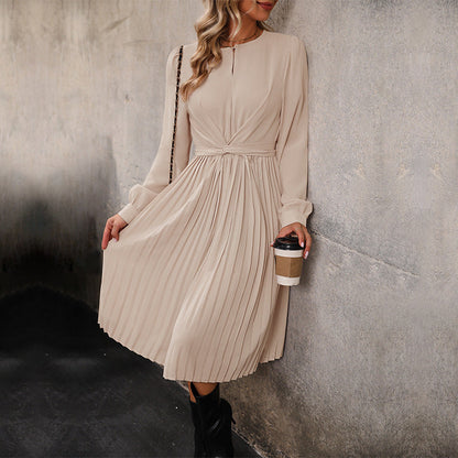 Damen Midikleid Plissiert Elegante Taillierung Langer Ärmel Norvielle
