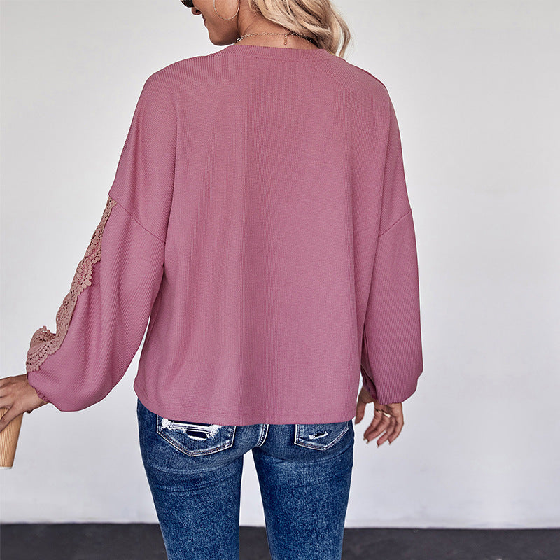 Damen Bluse Spitze V-Ausschnitt Lässig Weiß