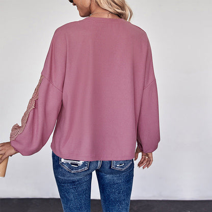 Damen Bluse Spitze V-Ausschnitt Lässig Weiß