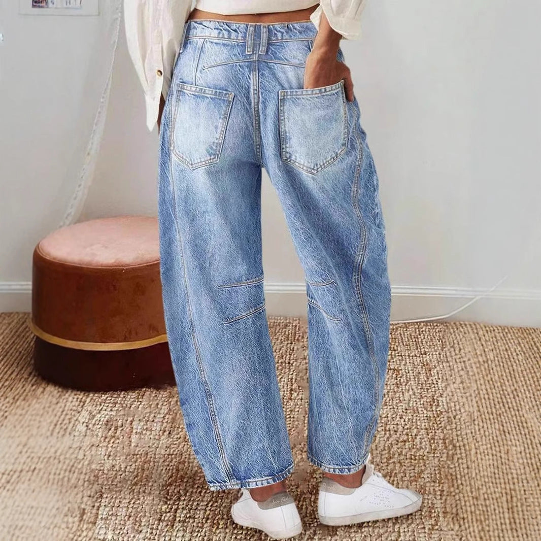 Damen Vintage Jeans Weit Geschnitten Ausgefranster Saum