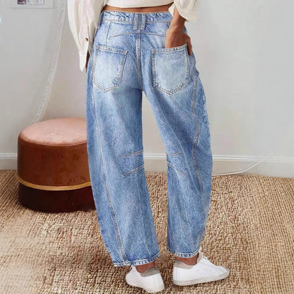 Damen Vintage Jeans Weit Geschnitten Ausgefranster Saum