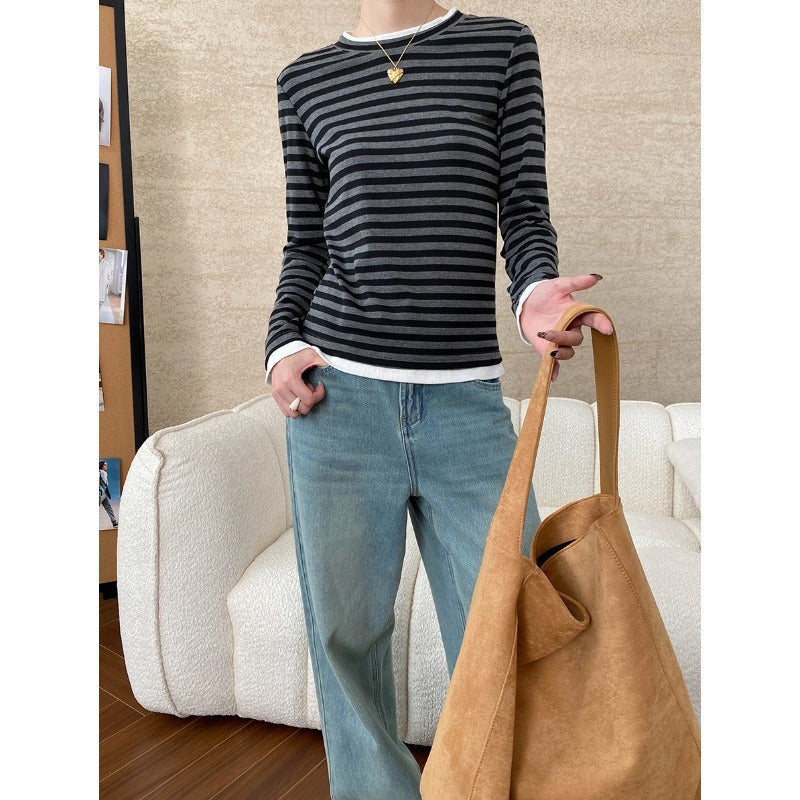 Damen Langarmshirt Streifenmuster Elastisch Weiß