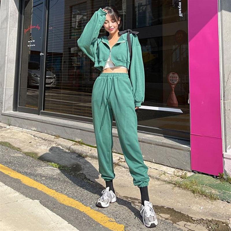 Damen Sportliches Zweiteiler-Set Cropped Kapuzenjacke Jogginghose