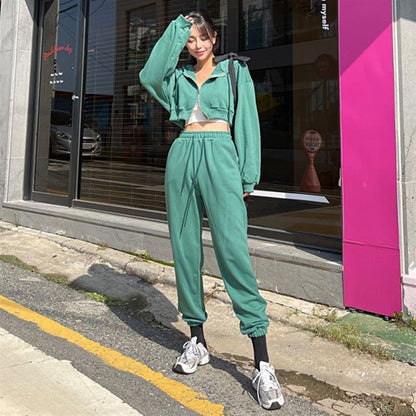 Damen Sportliches Zweiteiler-Set Cropped Kapuzenjacke Jogginghose
