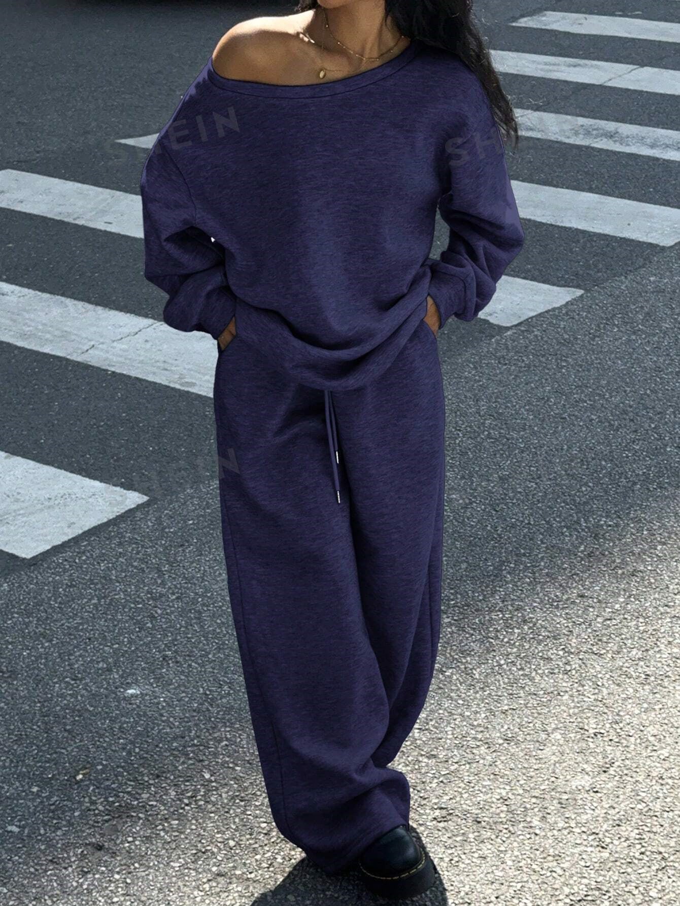 Damen Oversized Sweatpants und Pullover Bequem Grau