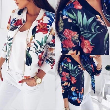 Damen Bomberjacke Florales Design Reißverschluss Schwarz - Norvielle