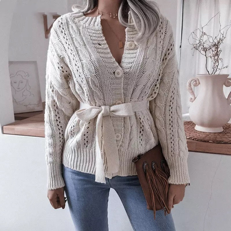 Damen Strickjacke Zopfmuster Taillengürtel Beige - Norvielle