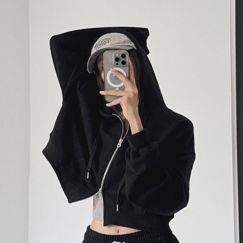 Damen Cropped Kapuzenjacke Elastisch Reißverschluss