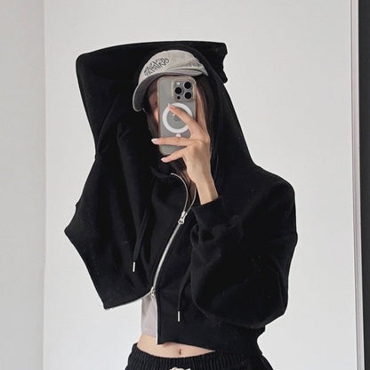 Damen Cropped Kapuzenjacke Elastisch Reißverschluss