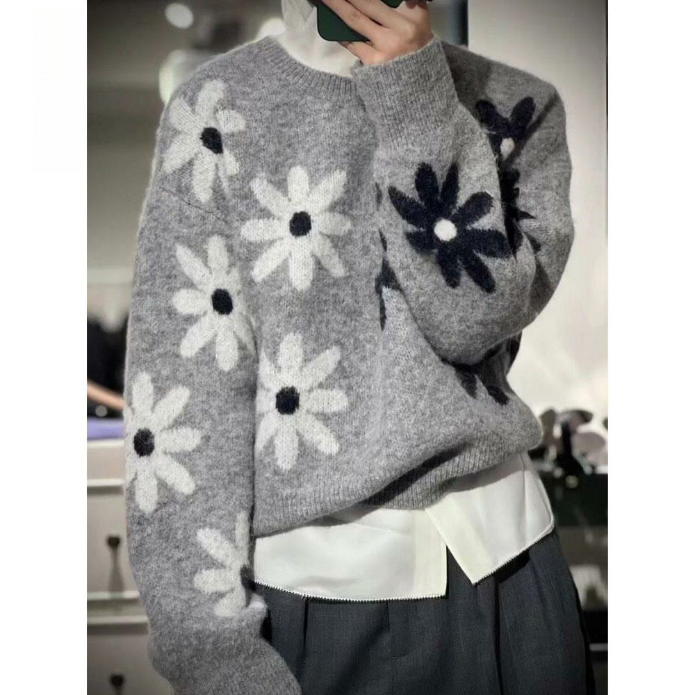 Damen Strickpullover Floralmuster Lässiger Schnitt