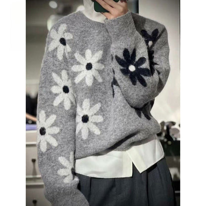 Damen Strickpullover Floralmuster Lässiger Schnitt