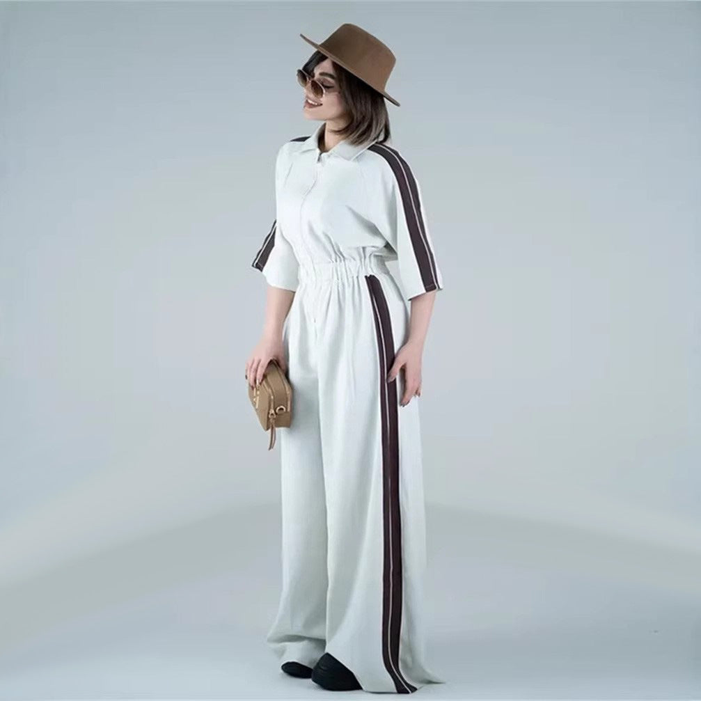 Damen Jumpsuit Lang Taillenbund Kontraststreifen