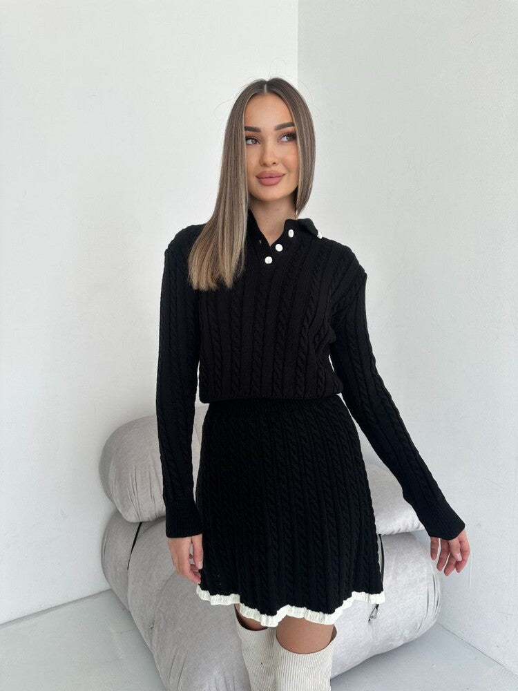 Damen Strickkleid Feines Zopfmuster Hochkragen