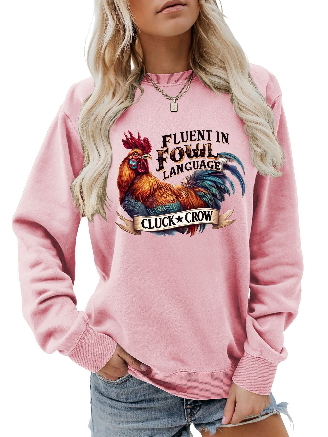 Damen Sweatshirt Hühnermotiv Bequem Grau